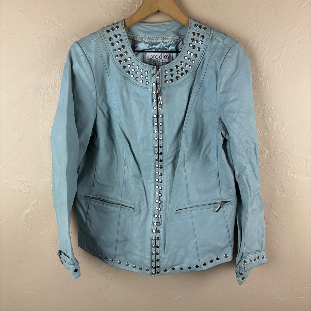 Bradley Bayou Light Blue Gray Women's Blue Studded Leather Jacket Zip-up Medium